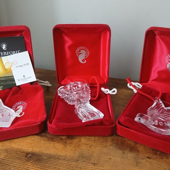 3 WATERFORD Crystal Christmas Ornaments - Angel of Peace, Dove, and X-Mas Horn - Picture 1 of 7